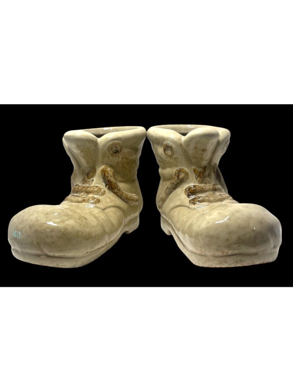 Pair of Vintage Ceramic Boot Planters Beige Glossy Finish Decorative